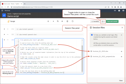 The Robots script editor with the Session files panel open and containing two Excel files.